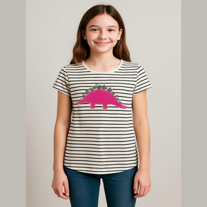 Rumi+Ryder Girl Stripe shirt with Sequin pink Dinosaur Large Short Sleeve